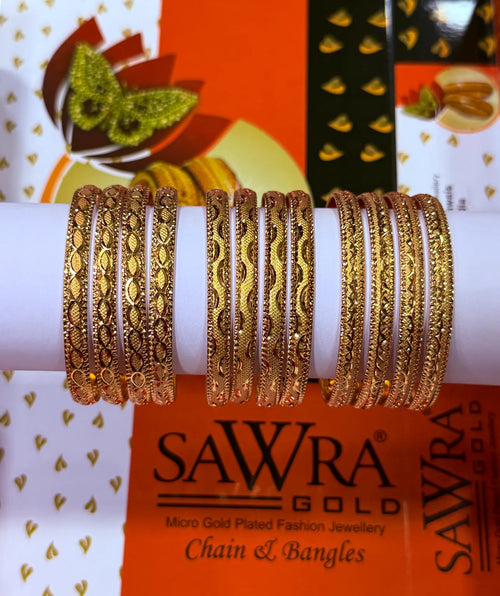 A set of gold-plated chain and bangle earrings displayed on a white cylindrical stand, with a SAWRA GOLD branded orange and white background.
